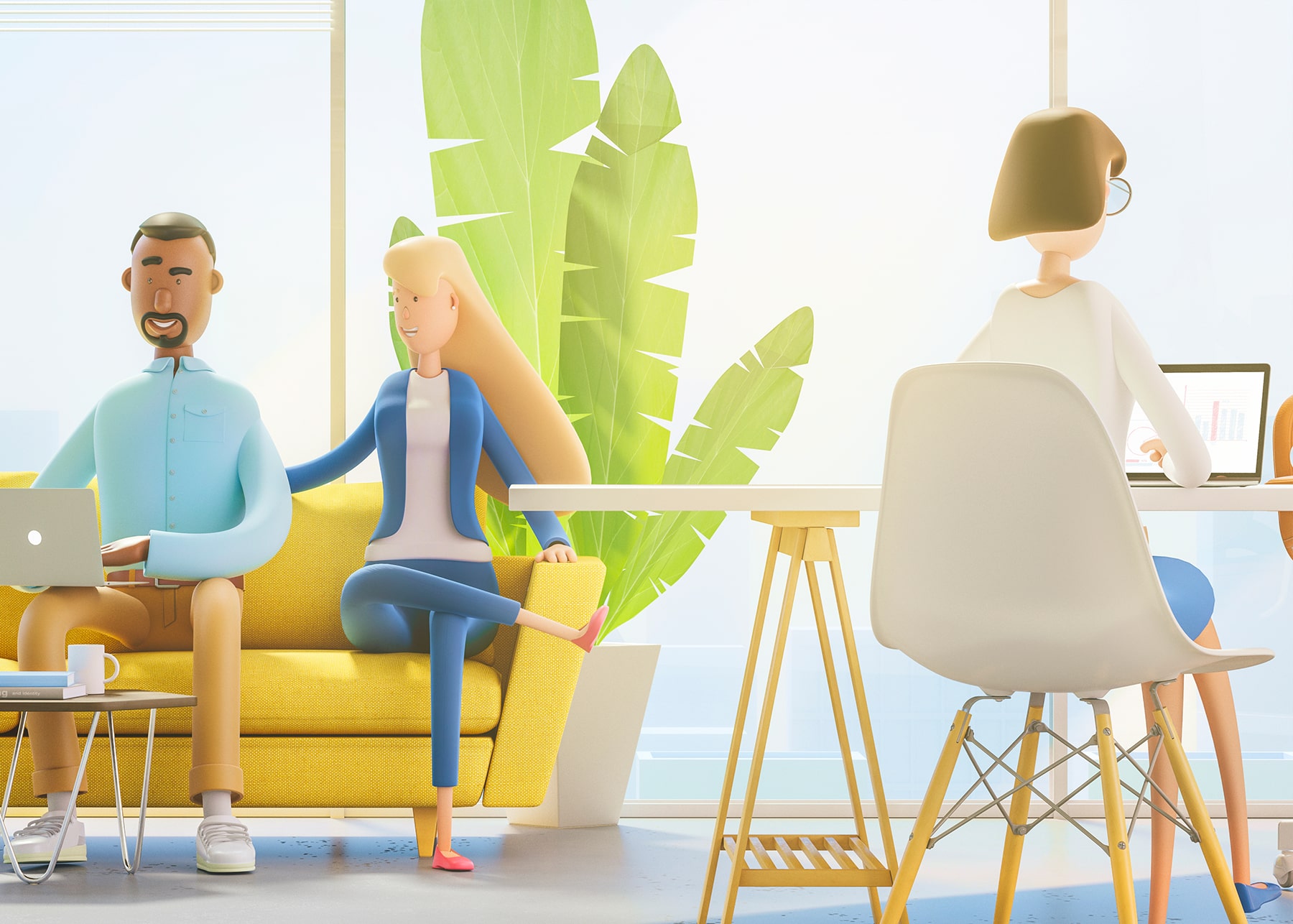 Young professionals collaborating in a bright, modern office space.