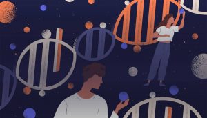 Research scientists analyzing DNA structures in a digital environment.