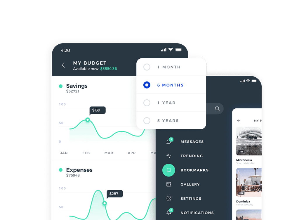 Financial Data Visualization on Mobile Devices Mobile screens displaying financial charts and budget management apps.