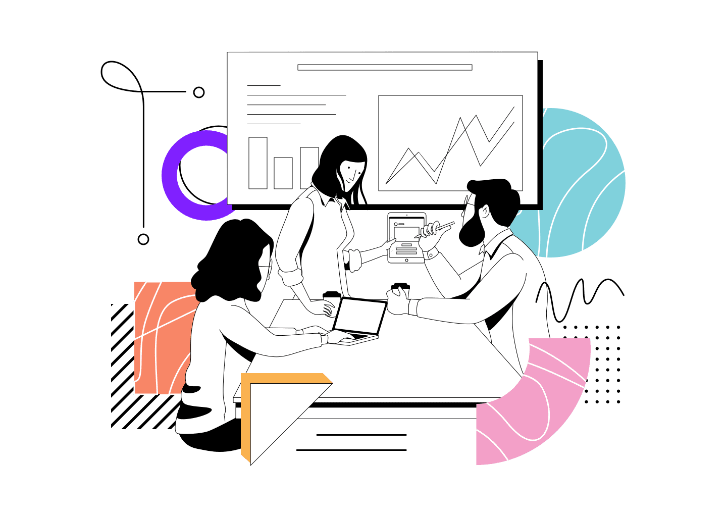 Researchers discussing reservoir thesis data and charts in a scholarly setting.