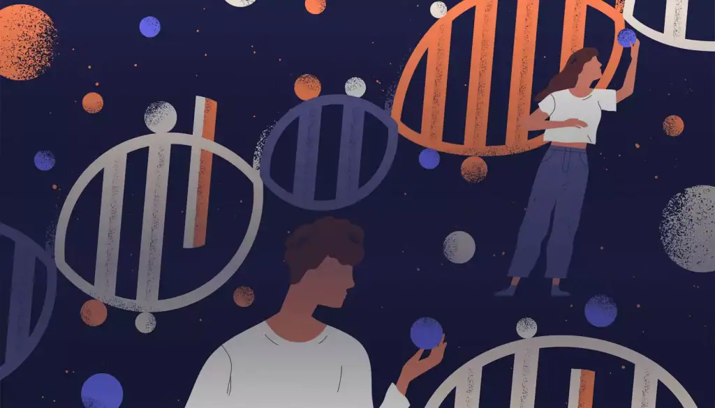 Researchers analyzing DNA strands and scientific data in a digital environment.