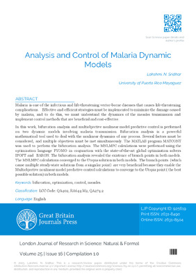 Analysis and Control of Malaria Dynamic Models