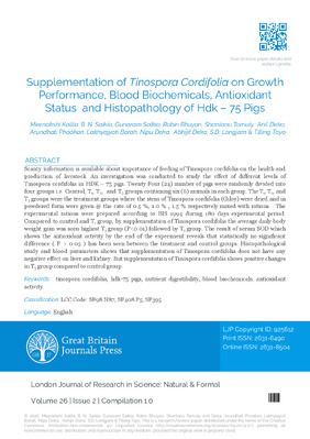 Supplementation of Tinospora Cordifolia on Growth Performance, Blood Biochemicals, Antioxidant Status  and Histopathology of Hdk – 75 Pigs