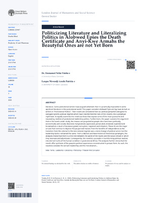 Politicizing Literature and Literalizing Politics in Alobwed Epies the Death Certificate and Anyi-Kwe Armahs the Beautyful Ones are not Yet Born