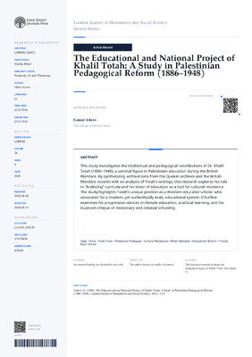 The Educational and National Project of Khalil Totah: A Study in Palestinian Pedagogical Reform (1886–1948)