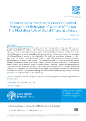 Financial Socialization and Personal Financial Management Behaviour of Women of Punjab: The Mediating Role of Digital Financial Literacy