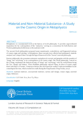Material and Non-Material Existence – A Study on the Cosmic Origin in Metaphysics