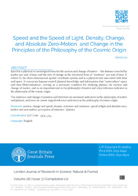 Speed and the Speed of Light, Density, Change, and Absolute Zero-Motion and Change in the Principles of the Philosophy of the Cosmic Origin