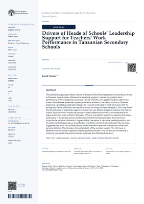 Drivers of Heads of Schools’ Leadership Support for Teachers’ Work Performance in Tanzanian Secondary Schools