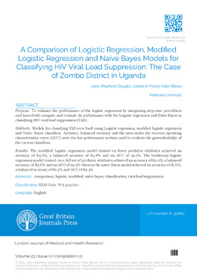 A Comparison of Logistic Regression, Modified Logistic Regression and Naïve Bayes Models for Classifying HIV Viral load Suppression: The Case of Zombo District in Uganda