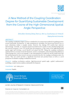 A New Method of the Coupling Coordination Degree for Quantifying Sustainable Development from the Cosine of the High-Dimensional Spatial Angle Perspective