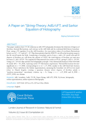 A Paper on String-theory, AdS/cFT, and Sarkar Equation of Holography