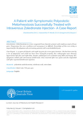A Patient with Symptomatic Polyostotic Melorheostosis Successfully Treated with Intravenous Zoledronate Injection- A Case Report