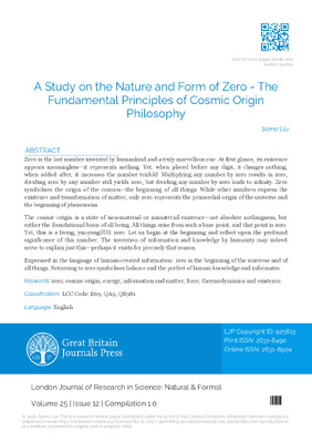 A Study on the Nature and Form of Zero – The Fundamental Principles of Cosmic Origin Philosophy