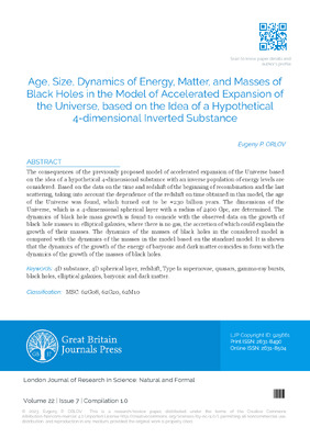Age, Size, Dynamics of Energy, Matter, and Masses of Black Holes in the Model of Accelerated Expansion of  the Universe, based on the Idea of a Hypothetical 4-Dimensional Inverted Substance