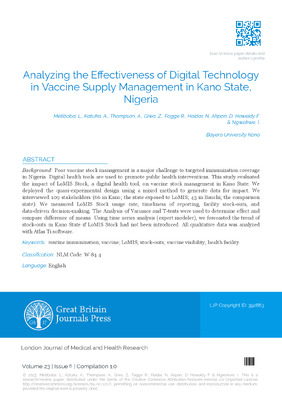 Analyzing the Effectiveness of Digital Technology in Vaccine Supply Management in Kano State, Nigeria