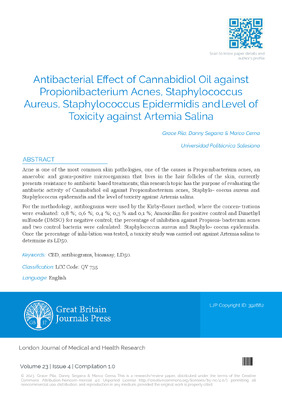 Antibacterial Effect of Cannabidiol Oil Against Propionibacterium Acnes, Staphylococcus Aureus, Staphylococcus Epidermidis and level of Toxicity against Artemia Salina