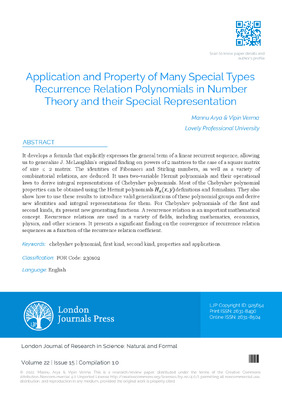 Application and Property of Many Special Types Recurrence Relation Polynomials in  Number Theory and their Special Representation