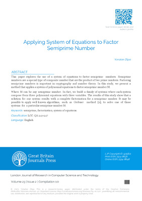 Applying System of Equations to Factor Semiprime Number