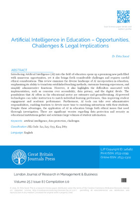 Artificial Intelligence in Education – Opportunities, Challenges & Legal Implications