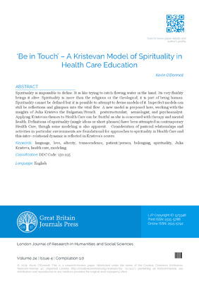 ‘Be in Touch’ – A Kristevan Model of Spirituality in Health Care Education