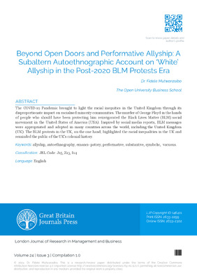 Beyond Open Doors and Performative Allyship: A Subaltern Autoethnographic Account on ‘White’ Allyship in the Post-2020 BLM Protests Era