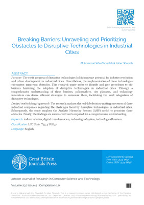 Breaking Barriers: Unraveling and Prioritizing Obstacles to Disruptive Technologies in Industrial Cities