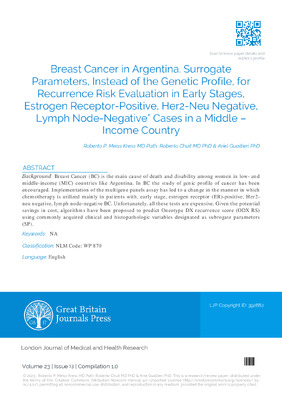 Breast Cancer in Argentina. Surrogate Parameters, Instead of the Genetic Profile, for Recurrence Risk Evaluation Inearly Stages,Estrogenreceptor-Positive, Her2-Neu Negative, Lymph Node-Negative” Cases in A Middle – Income Country.