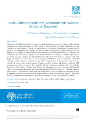 Calculation of Sediment Accumulation Volume in Aparan Reservoir