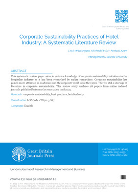 Corporate Sustainability Practices of Hotel Industry: A Systematic Literature Review