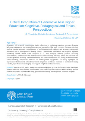 Critical Integration of Generative AI in Higher Education: Cognitive, Pedagogical, and Ethical Perspectives