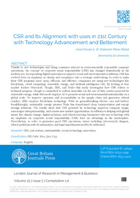 CSR and its Alignment with uses in 21st Century with Technology Advancement and Betterment