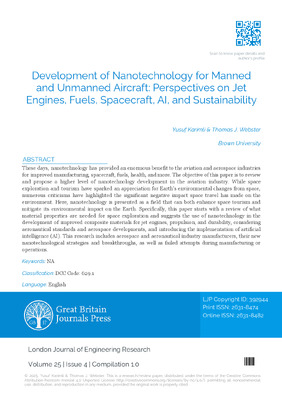 Development of Nanotechnology for Manned and unmanned Aircraft: Perspectives on Jet Engines, Fuels, spacecraft, AI, and Sustainability