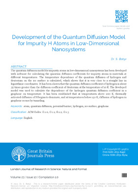 Development of the Quantum Diffusion Model for Impurity H Atoms in low Dimensional Nanosystems