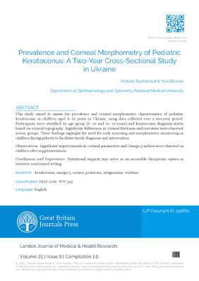 Prevalence and Corneal Morphometry of Pediatric Keratoconus: A Two-Year Cross-Sectional Study in Ukraine