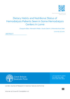 Dietary Habits and Nutritional Status of Hemodialysis Patients Seen in Some Hemodialysis Centers in Lomé