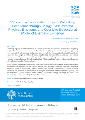“Difficult Joy” in Mountain Tourism: Rethinking Experience through Energy Flow toward a Physical, Emotional and Cognitive Bidirectional Model of Energetic Exchange