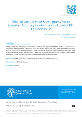 Effect of Google Meet & AMP; Instagram App on Speaking Accuracy in Intermediate Level of EFL Learners in L2