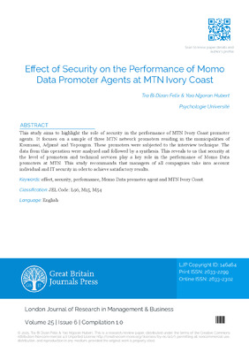 Effect of Security on the Performance of Momo Data Promoter Agents at MTN Ivory Coast