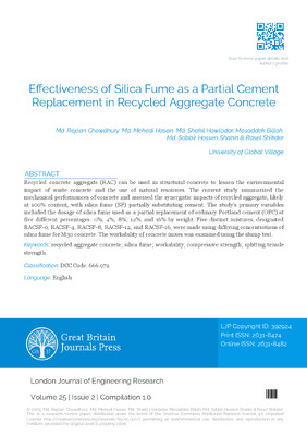 Effectiveness of Silica Fume as a Partial Cement Replacement in Recycled Aggregate Concrete