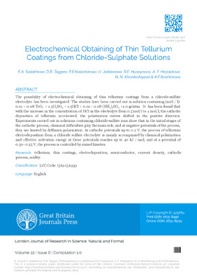 Electrochemical Obtaining of Thin Tellurium Coatings From Chloride Sulphate Solutions