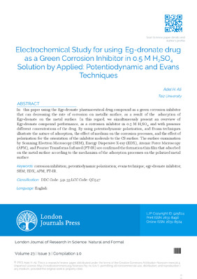 Electrochemical Study for using Eg-Dronate Drug as a Green Corrosion Inhibitor in 0.5 M H2SO4 Solution by Applied: Potentiodynamic and Evans Techniques