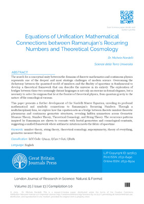 Equations of Unification: Mathematical Connections between Ramanujan’s Recurring Numbers and Theoretical Cosmology