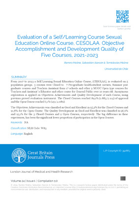 Evaluation of a Self/Learning Course Sexual Education Online Course, CESOLAA. Objective Accomplishment and Development Quality of five Courses, 2021-2023