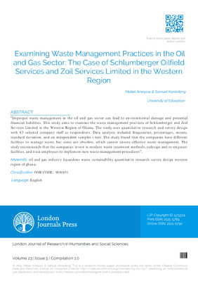 Examining Waste Management Practices in the Oil and Gas Sector: The Case of Schlumberger Oilfield Services and Zoil Services Limited in the Western Region
