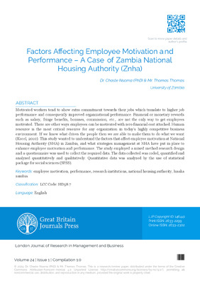 Factors Affecting Employee Motivation and Performance – A Case Of Zambia National Housing Authority (Znha)