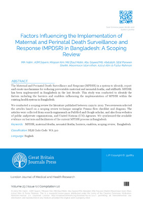 Factors influencing the Implementation of Maternal and Perinatal Death Surveillance and Response (MPDSR) in Bangladesh: A Scoping Review