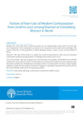 Factors of non-use of Modern Contraception from 2006 to 2017 among Married or Cohabiting Women in Benin