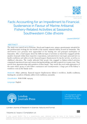 Facts Accounting for an Impediment to Financial Sustenance in Favour of Marine Artisanal Fishery-Related Activities at Sassandra, Southwestern Côte d’Ivoire