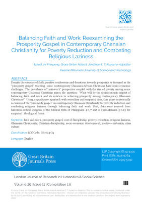 Balancing Faith and Work: Reexamining the Prosperity Gospel in Contemporary Ghanaian Christianity for Poverty Reduction and Combating Religious Laziness